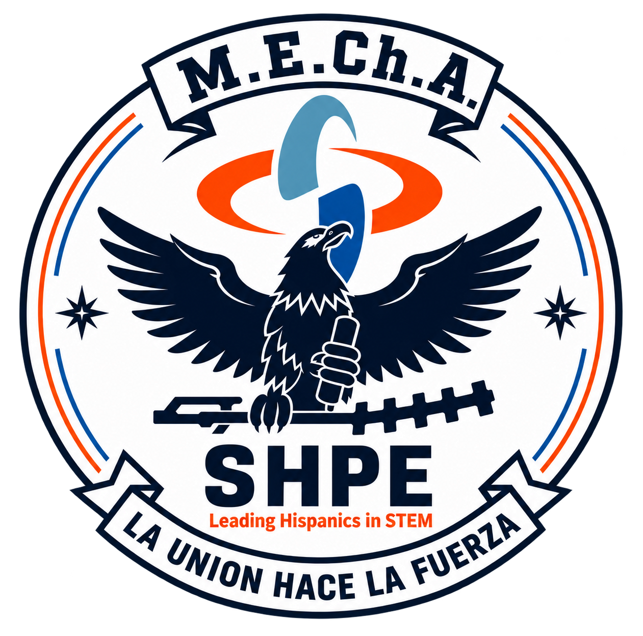 MeChA × SHPE club emblem featuring eagle, engineering symbolism, and La Unión Hace La Fuerza